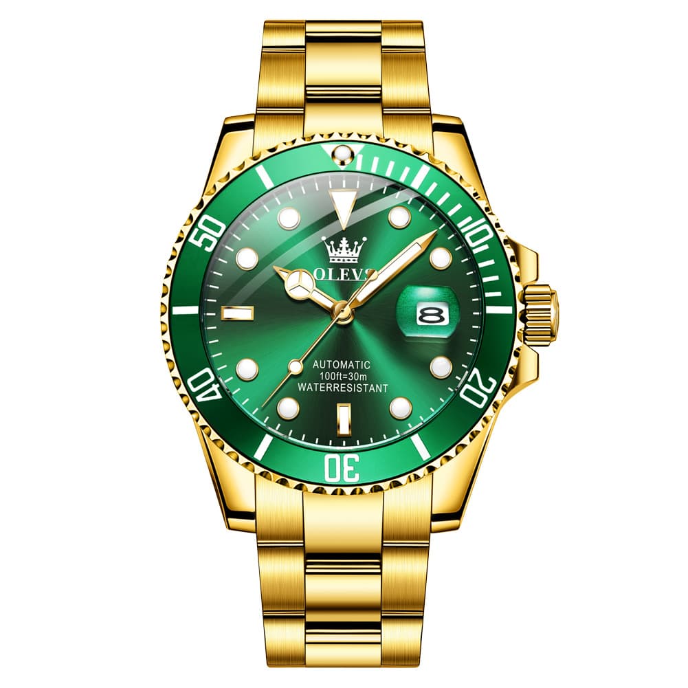 OLEVS 6650 Stainless Steel Mechanical Dive Watch for Men - Gold Green Watch | Olevs Watch Store