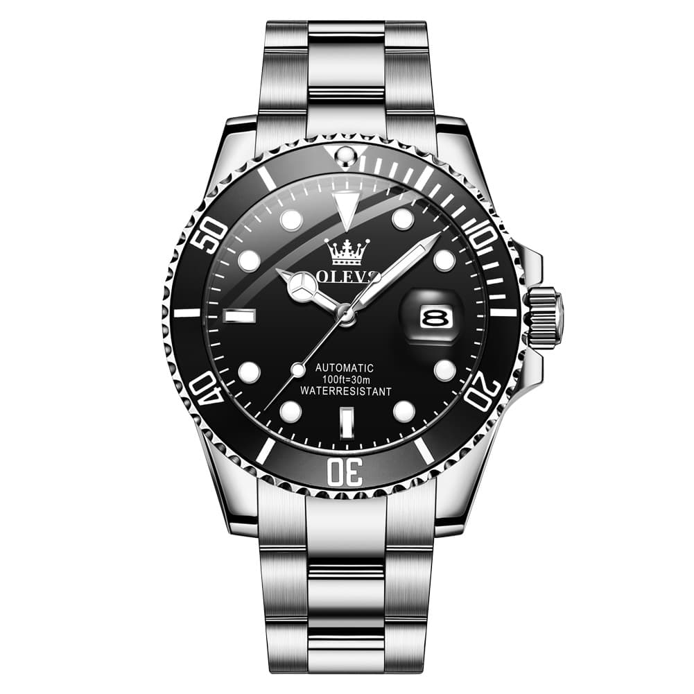 OLEVS 6650 Stainless Steel Mechanical Dive Watch for Men - Silver Black Watch | Olevs Watch Store