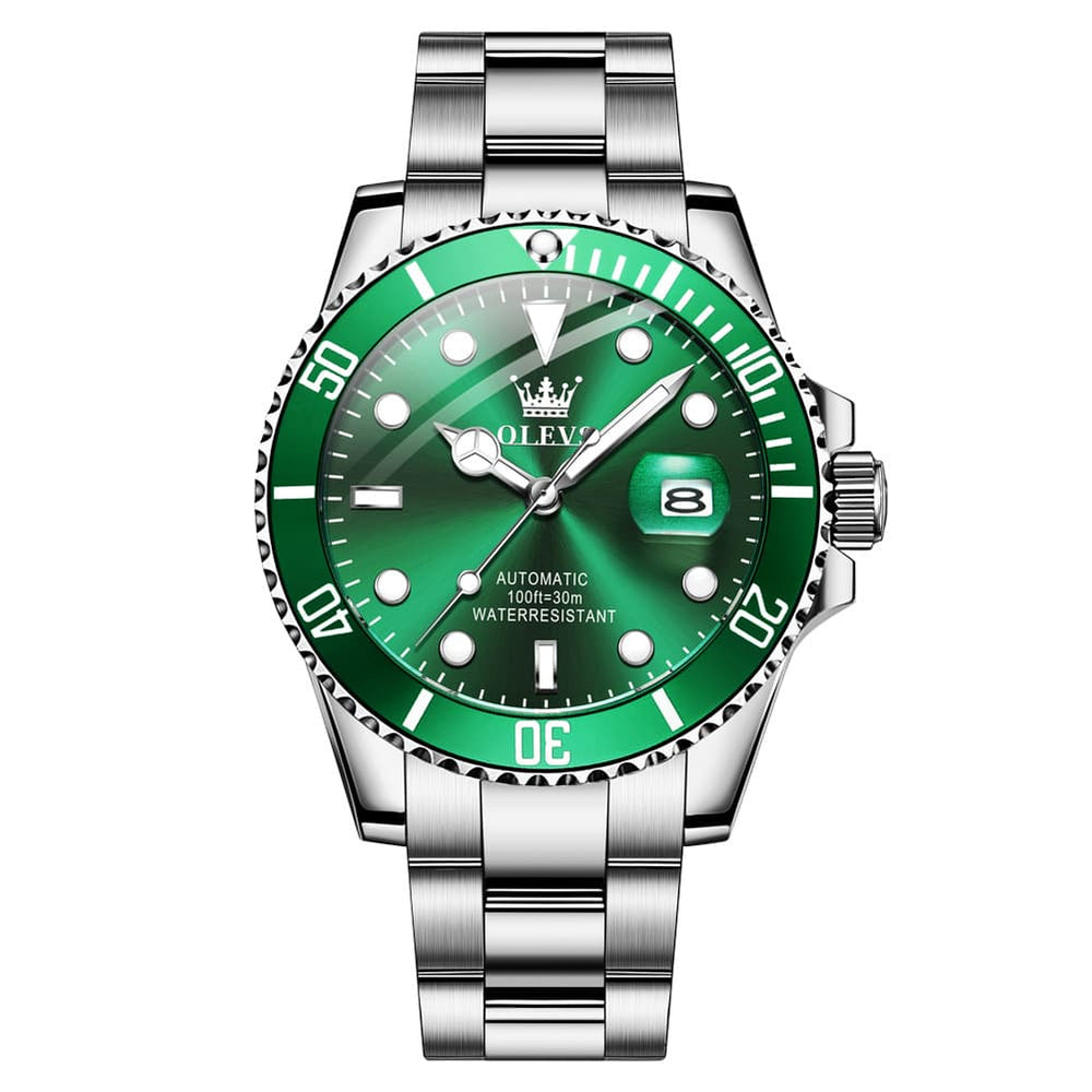 OLEVS 6650 Stainless Steel Mechanical Dive Watch for Men - Silver Green Watch | Olevs Watch Store