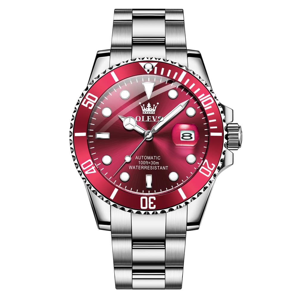 OLEVS 6650 Stainless Steel Mechanical Dive Watch for Men - Silver Red Watch | Olevs Watch Store