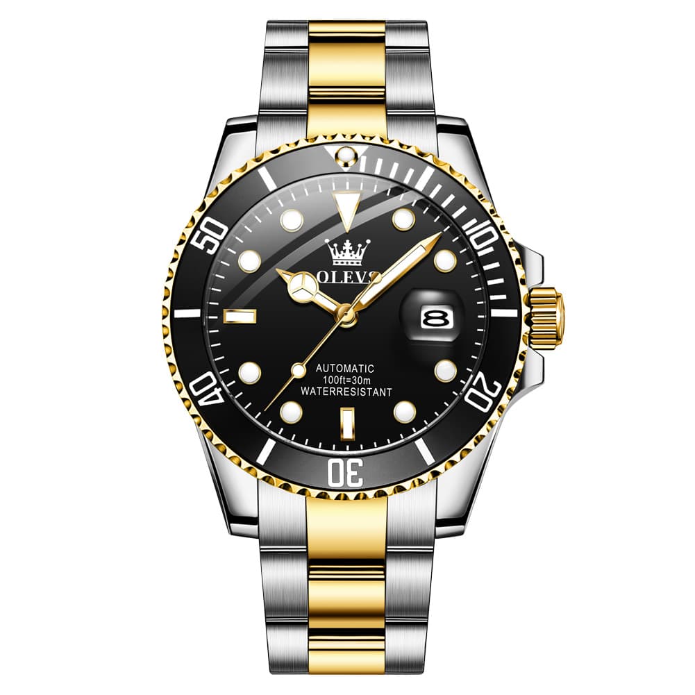 OLEVS 6650 Stainless Steel Mechanical Dive Watch for Men - Two-Tone Black Watch | Olevs Watch Store