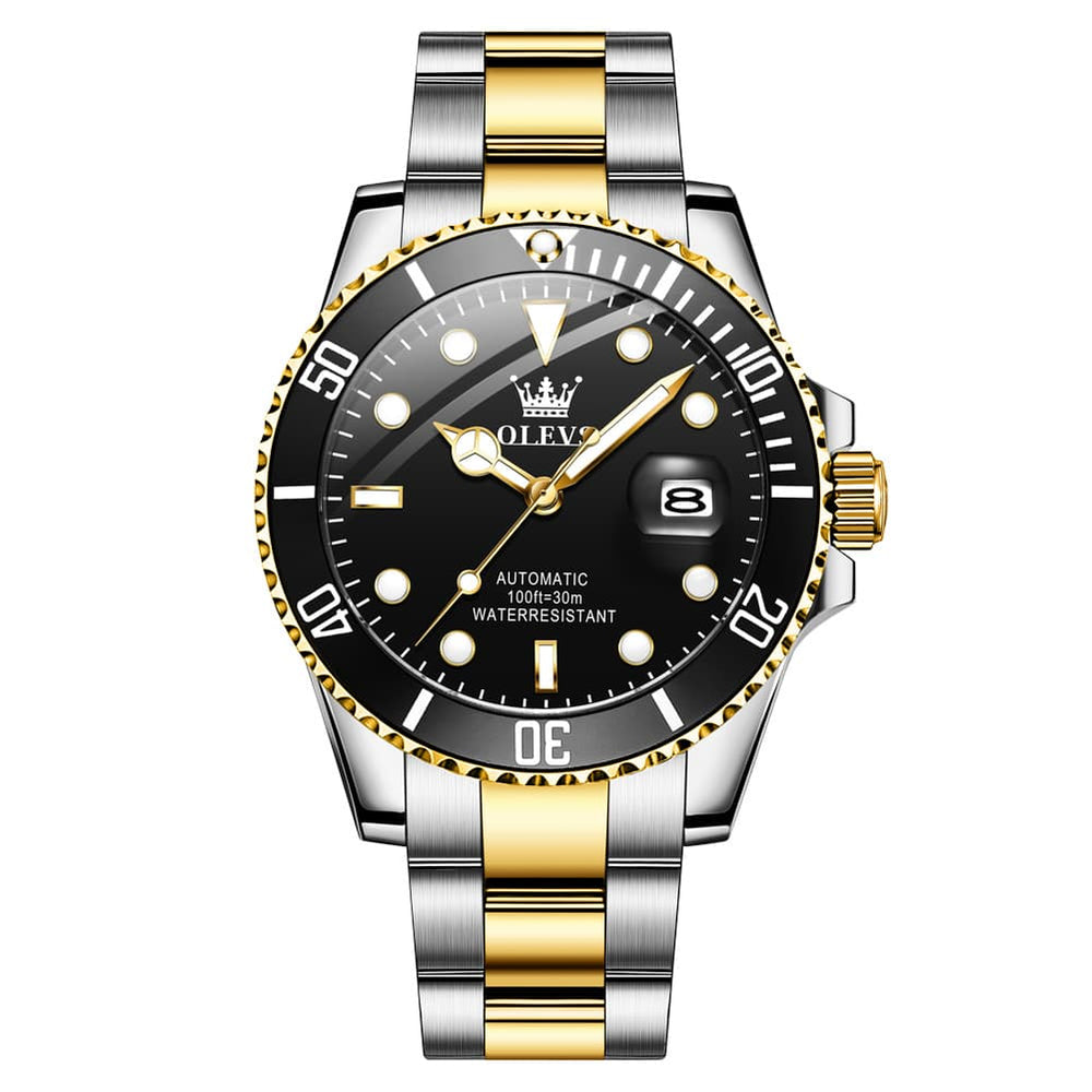OLEVS 6650 Stainless Steel Mechanical Dive Watch for Men - Two-Tone Black Watch | Olevs Watch Store