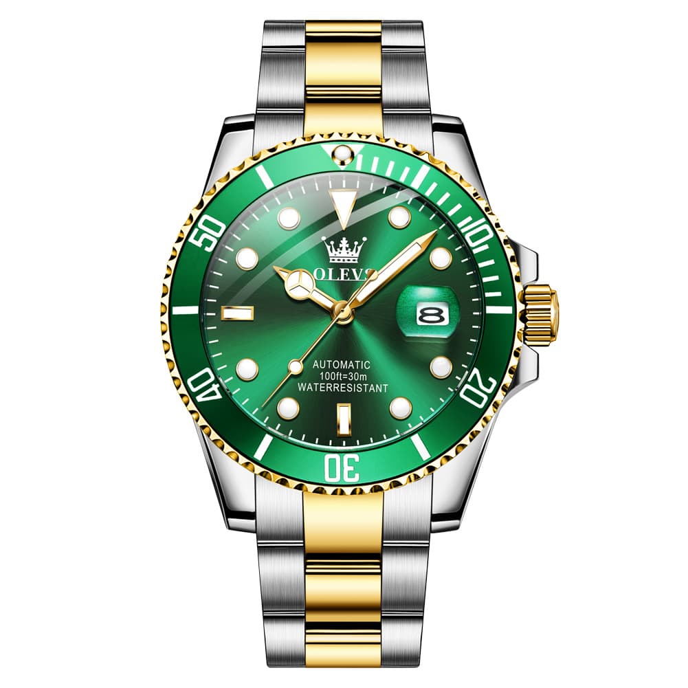 OLEVS 6650 Stainless Steel Mechanical Dive Watch for Men - Two-Tone Green Watch | Olevs Watch Store