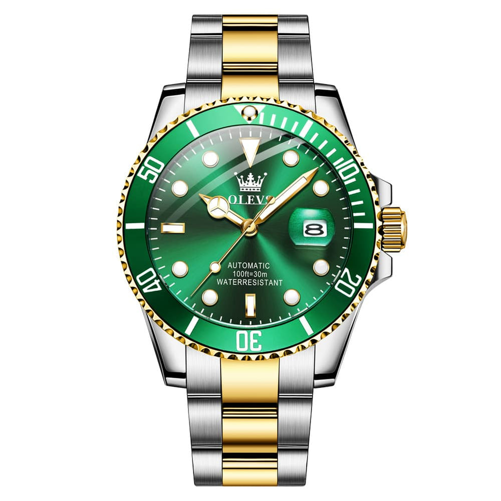 OLEVS 6650 Stainless Steel Mechanical Dive Watch for Men - Two-Tone Green Watch | Olevs Watch Store
