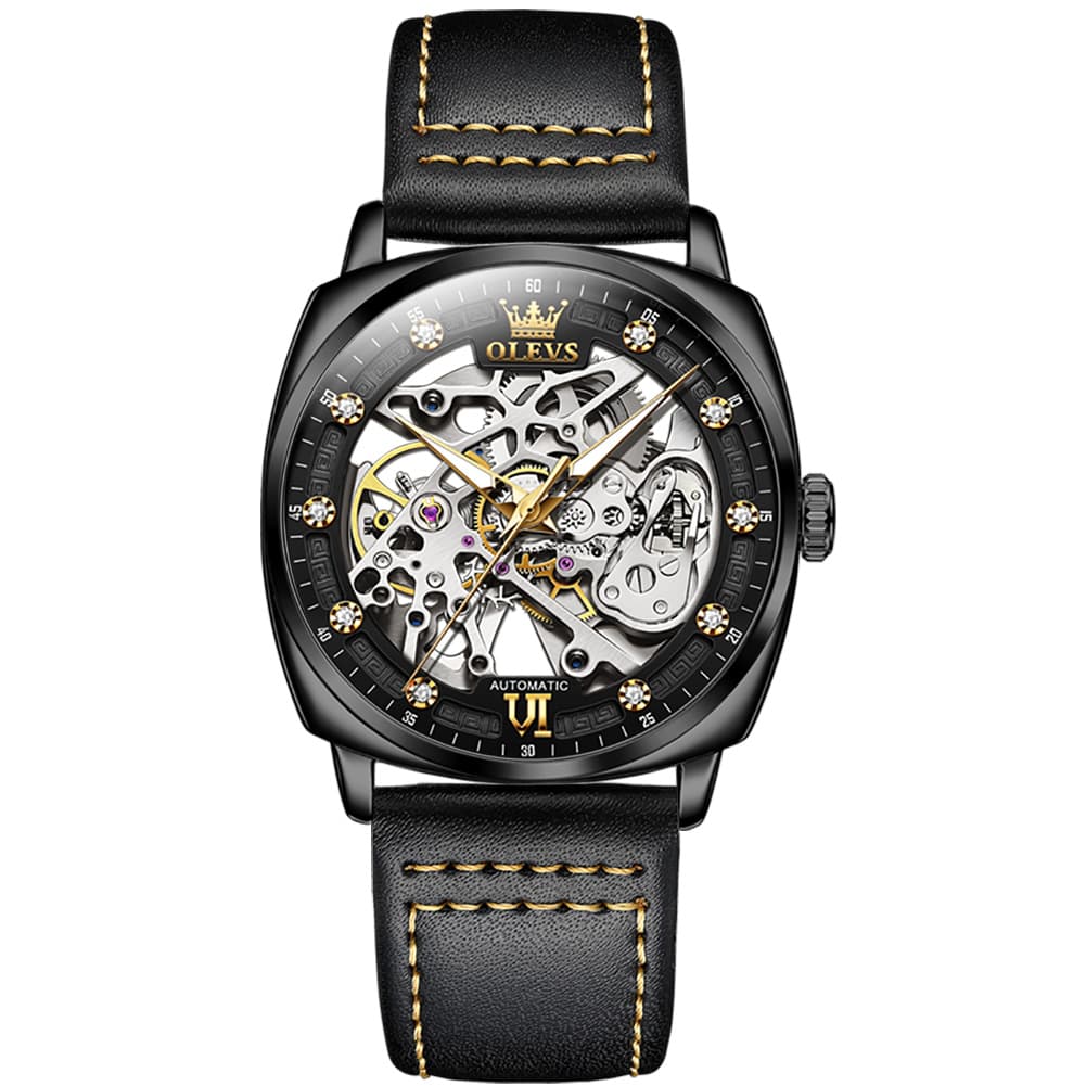 OLEVS 6651 Tonneau Skeleton Mechanical Watch for Men - Black Gold Watch | Olevs Watch Store