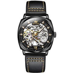 OLEVS 6651 Tonneau Skeleton Mechanical Watch for Men - Black Gold Watch | Olevs Watch Store