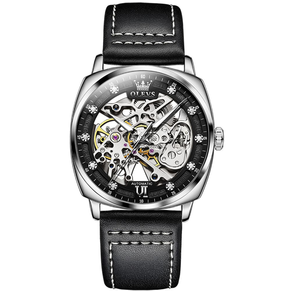 OLEVS 6651 Tonneau Skeleton Mechanical Watch for Men - Silver Black Watch | Olevs Watch Store