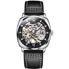 OLEVS 6651 Tonneau Skeleton Mechanical Watch for Men - Silver Black Watch | Olevs Watch Store
