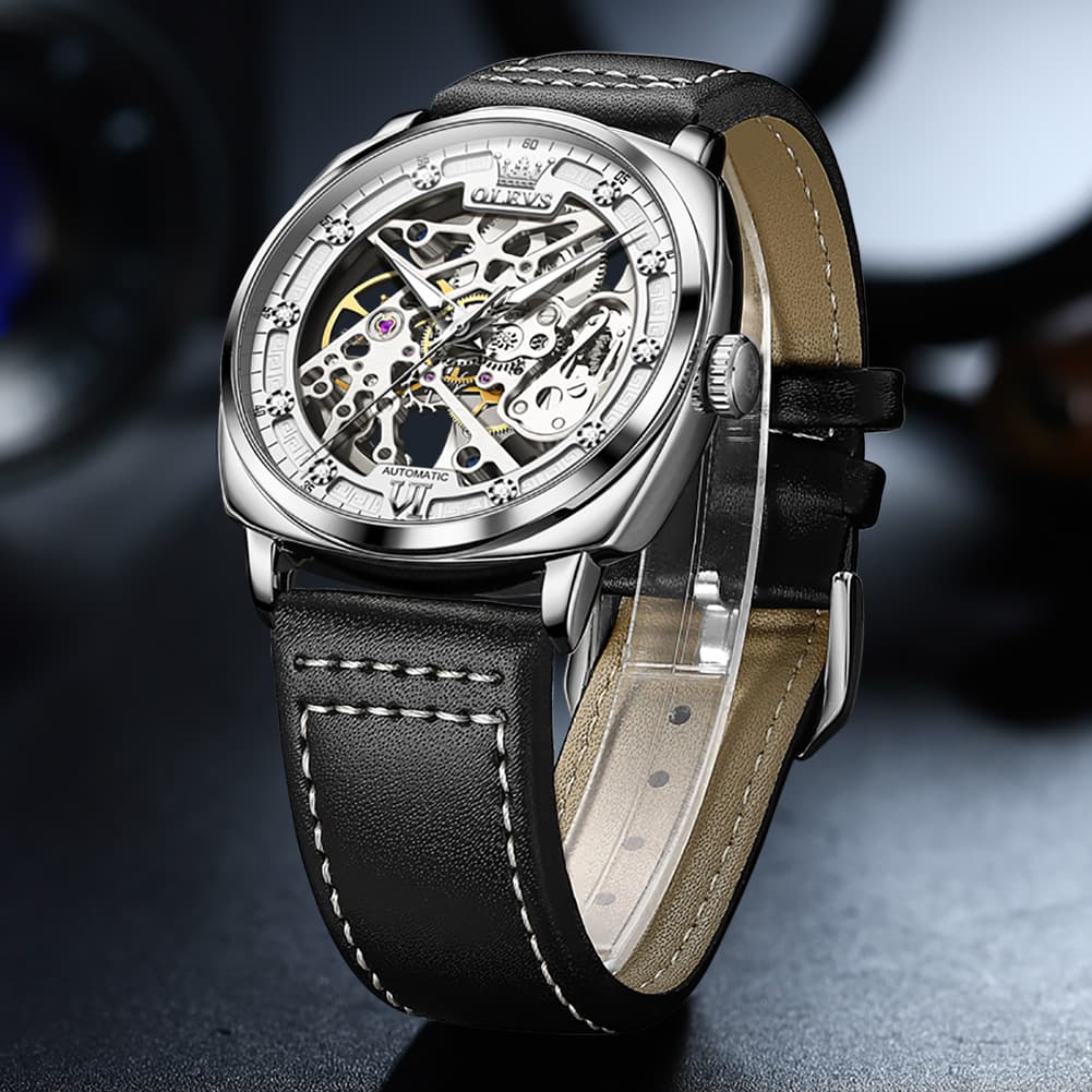 OLEVS 6651 Tonneau Skeleton Mechanical Watch for Men - Silver White Watch | Olevs Watch Store