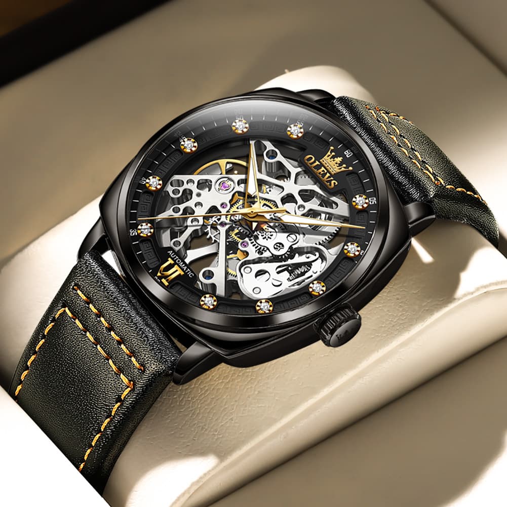OLEVS 6651 Tonneau Skeleton Mechanical Watch for Men - Silver White Watch | Olevs Watch Store