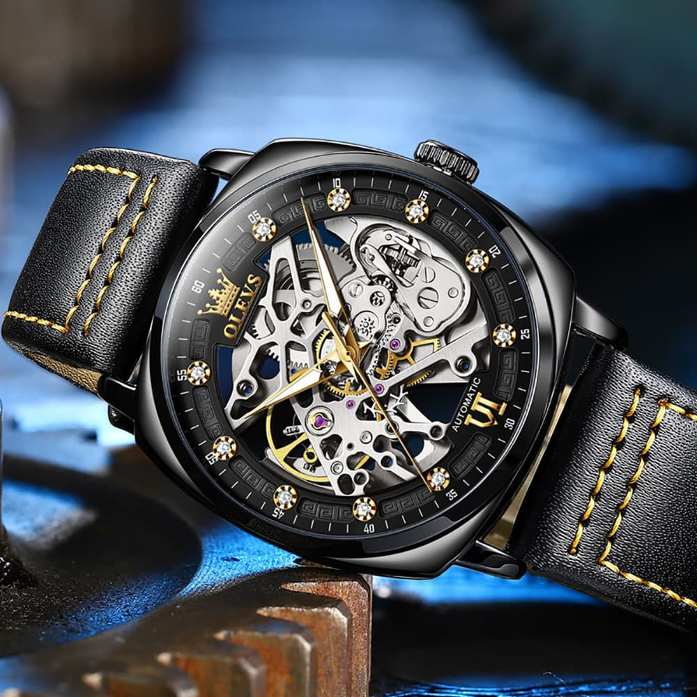 OLEVS 6651 Tonneau Skeleton Mechanical Watch for Men - Silver White Watch | Olevs Watch Store