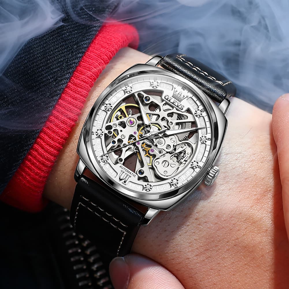 OLEVS 6651 Tonneau Skeleton Mechanical Watch for Men - Silver White Watch | Olevs Watch Store
