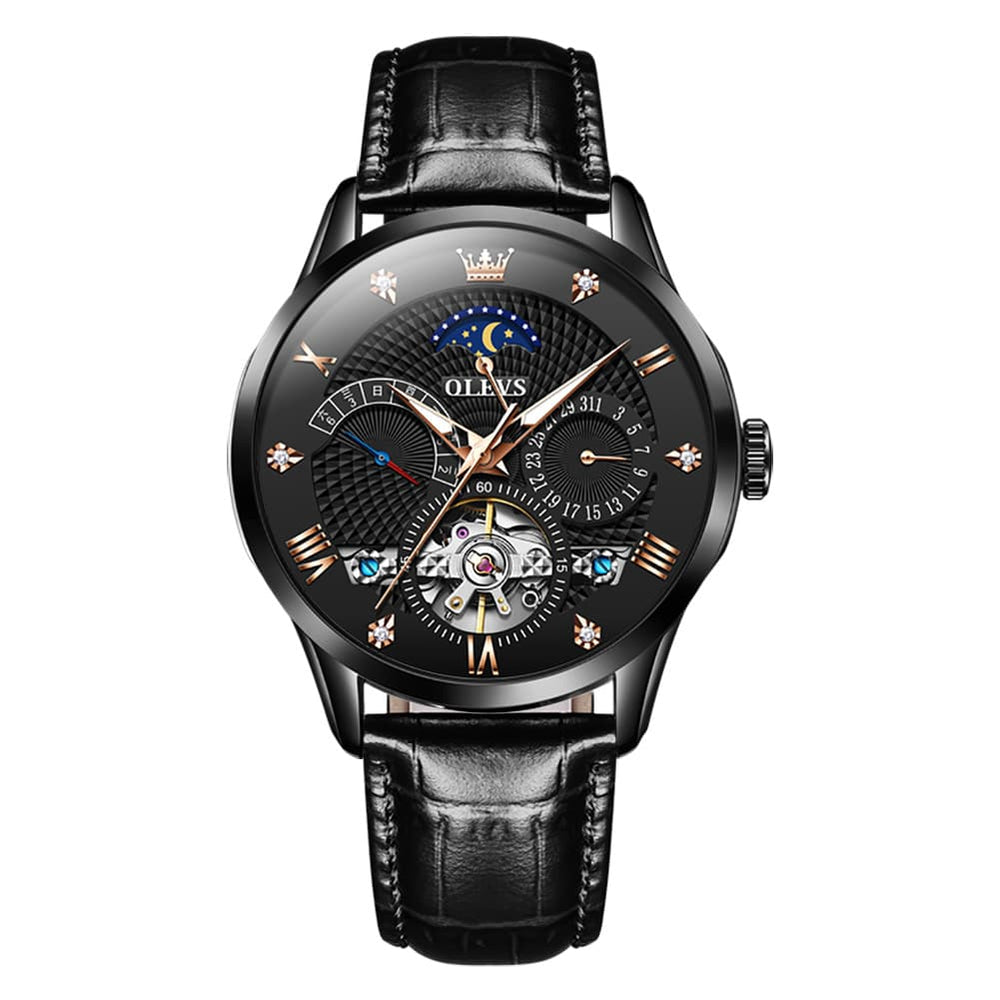 OLEVS 6652 Leather Mechanical Moon Phase Watch for Men - All Black Watch | Olevs Watch Store