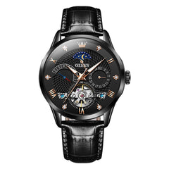 OLEVS 6652 Leather Mechanical Moon Phase Watch for Men - All Black Watch | Olevs Watch Store