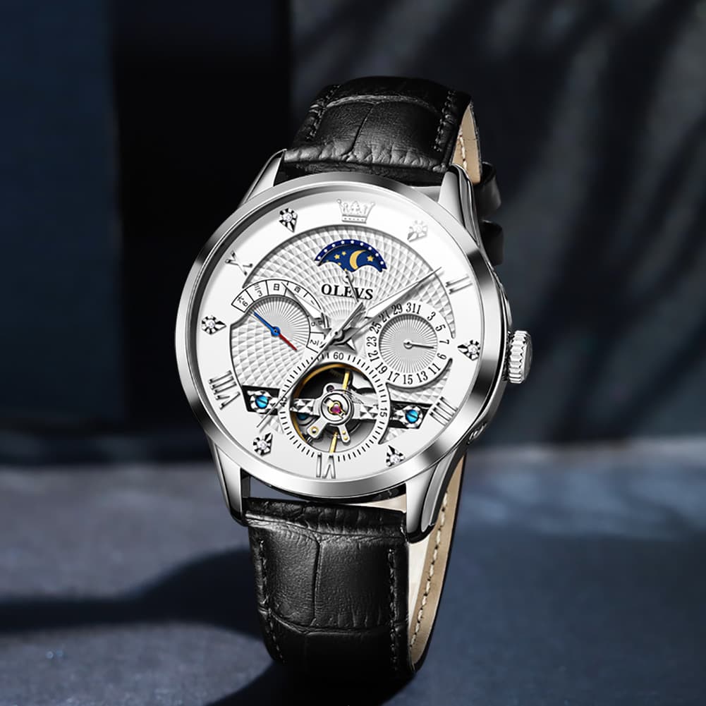 OLEVS 6652 Leather Mechanical Moon Phase Watch for Men - Rose Gold Black Watch | Olevs Watch Store