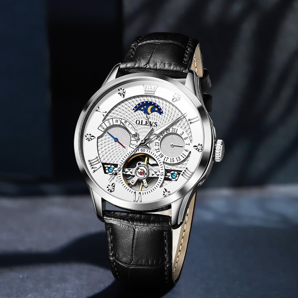 OLEVS 6652 Leather Mechanical Moon Phase Watch for Men - Rose Gold Black Watch | Olevs Watch Store
