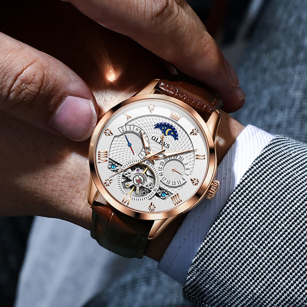 OLEVS 6652 Leather Mechanical Moon Phase Watch for Men - Rose Gold Black Watch | Olevs Watch Store