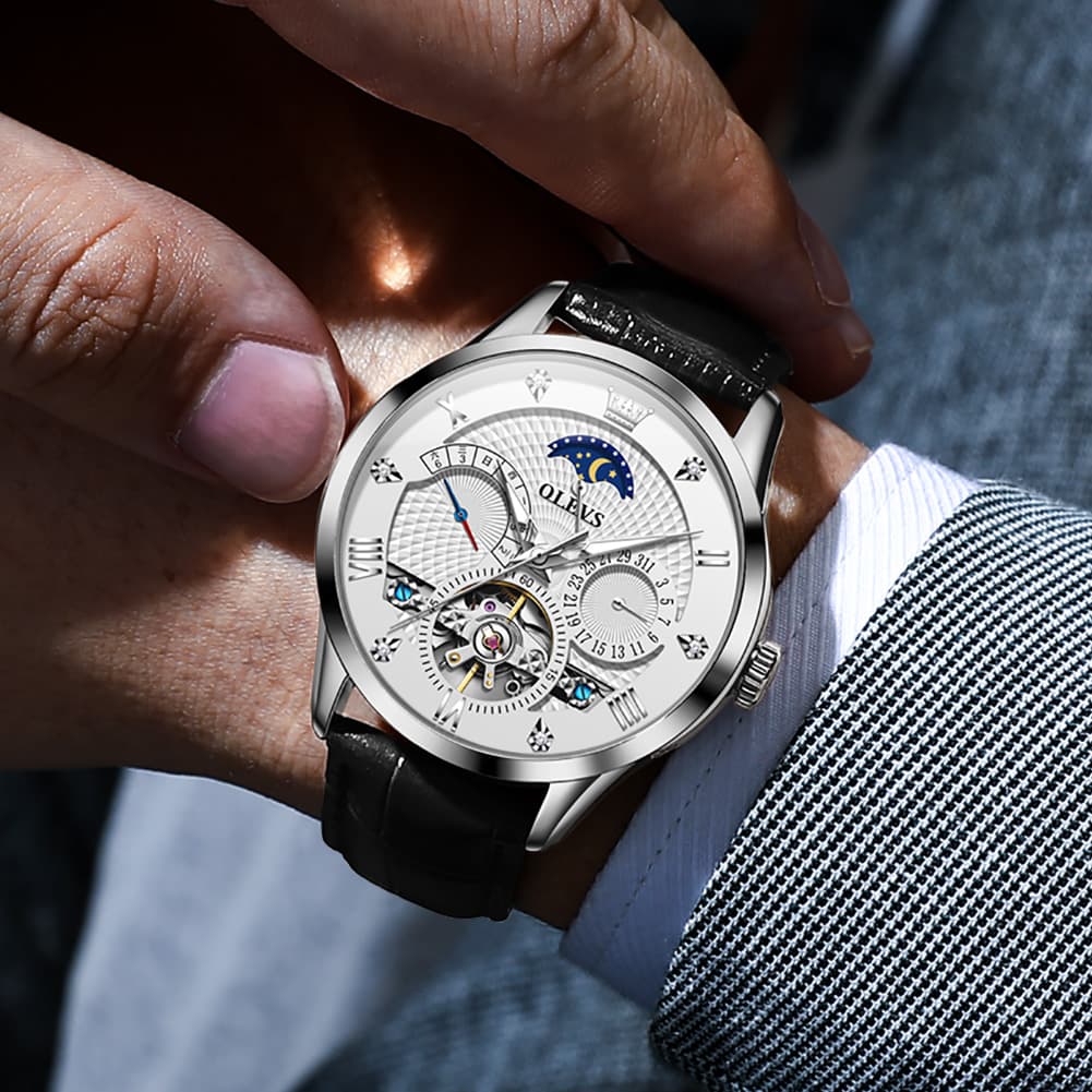 OLEVS 6652 Leather Mechanical Moon Phase Watch for Men - Rose Gold Black Watch | Olevs Watch Store