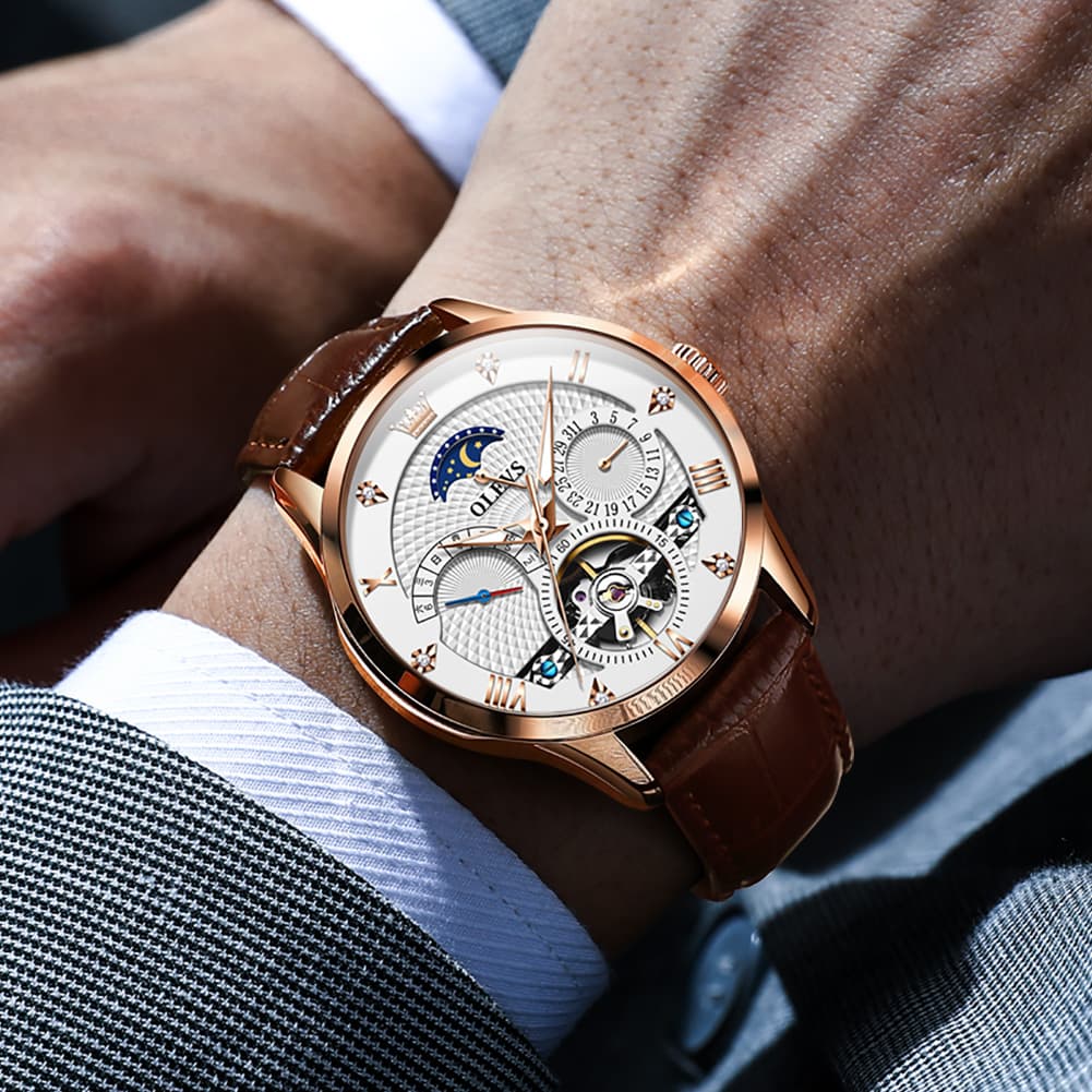OLEVS 6652 Leather Mechanical Moon Phase Watch for Men - Rose Gold Black Watch | Olevs Watch Store