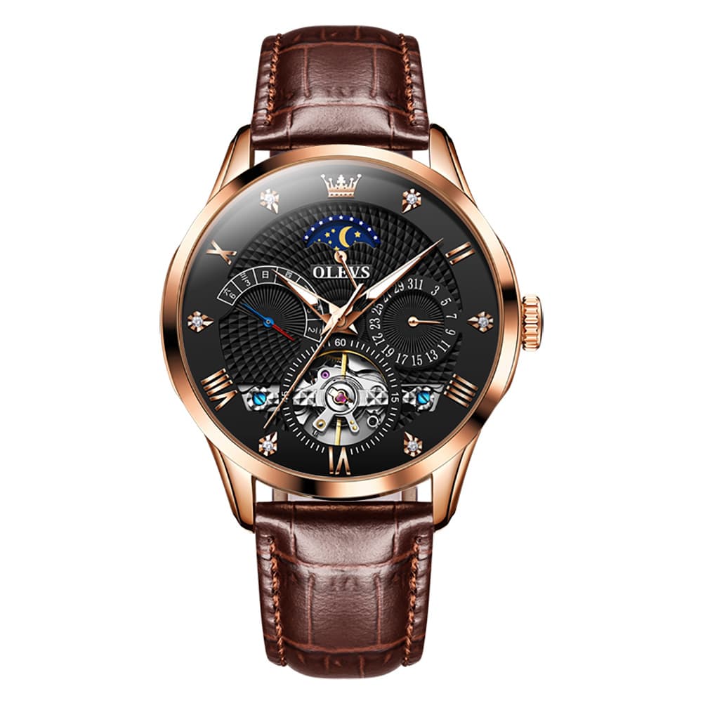 OLEVS 6652 Leather Mechanical Moon Phase Watch for Men - Rose Gold Black Watch | Olevs Watch Store