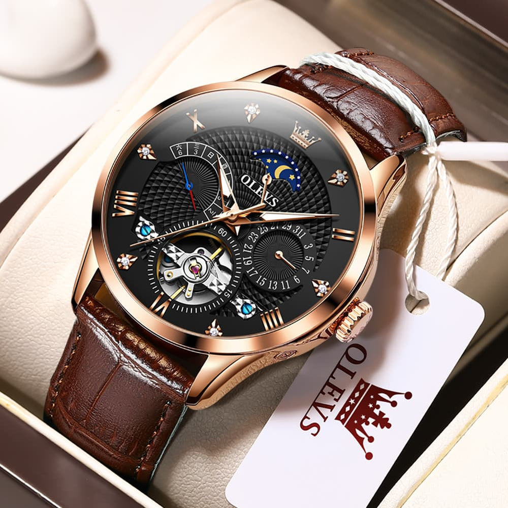 OLEVS 6652 Leather Mechanical Moon Phase Watch for Men - Rose Gold Black Watch | Olevs Watch Store
