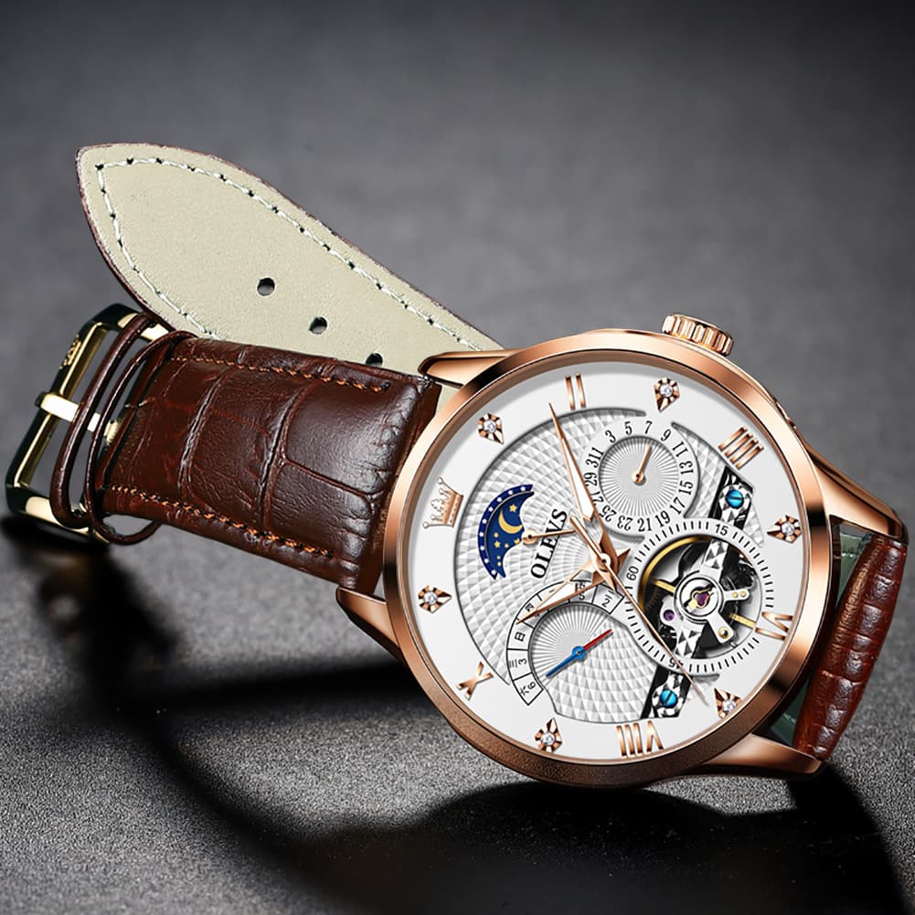 OLEVS 6652 Leather Mechanical Moon Phase Watch for Men - Rose Gold Black Watch | Olevs Watch Store