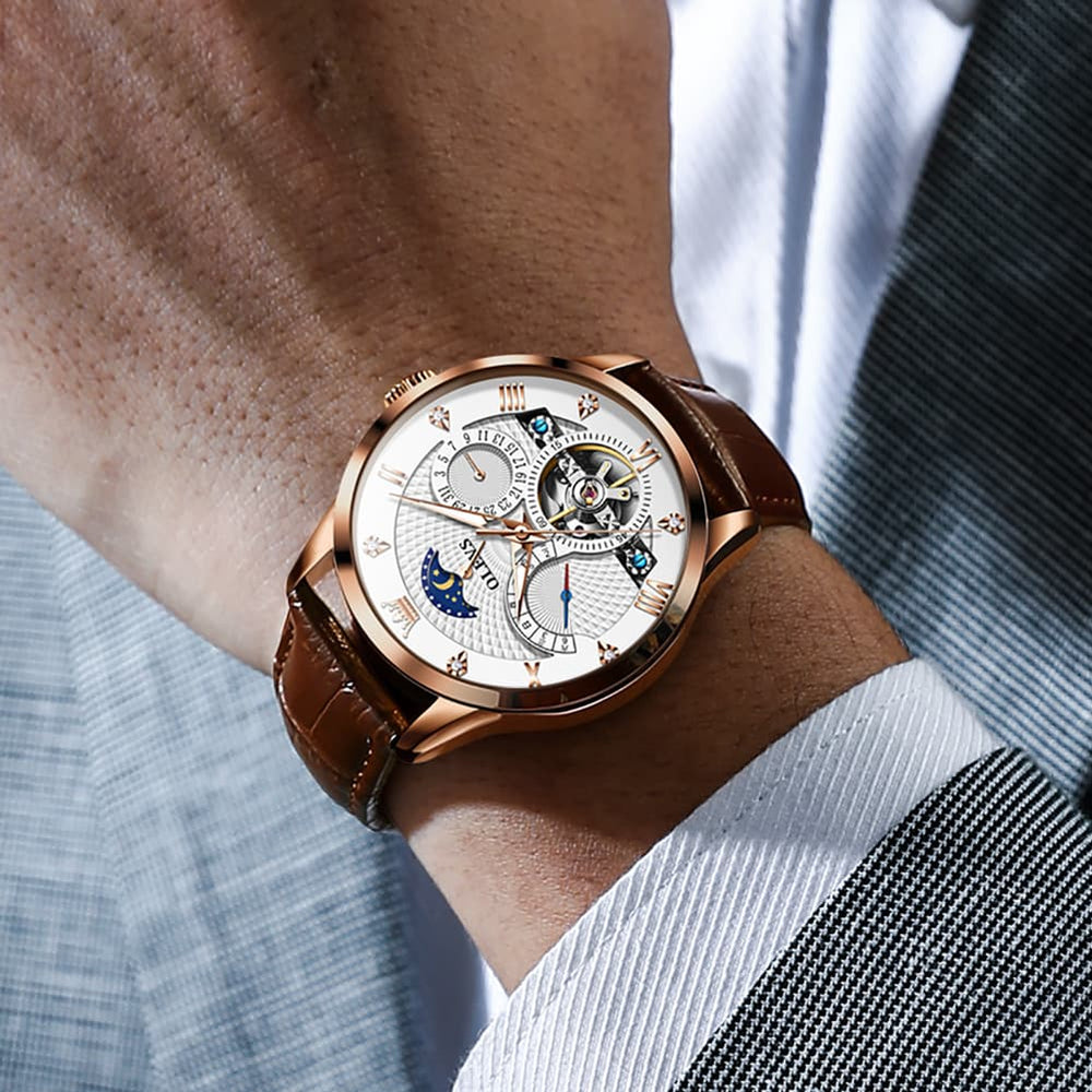 OLEVS 6652 Leather Mechanical Moon Phase Watch for Men - Rose Gold Black Watch | Olevs Watch Store
