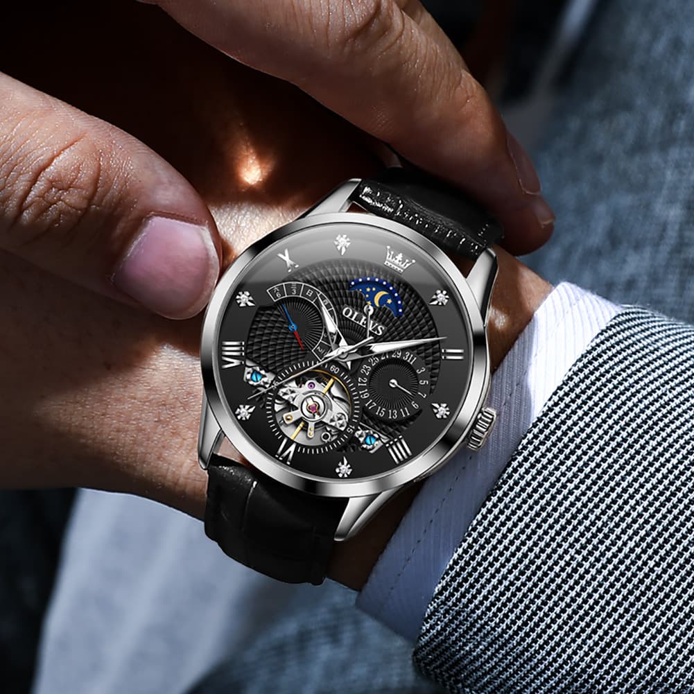 OLEVS 6652 Leather Mechanical Moon Phase Watch for Men - Rose Gold Black Watch | Olevs Watch Store