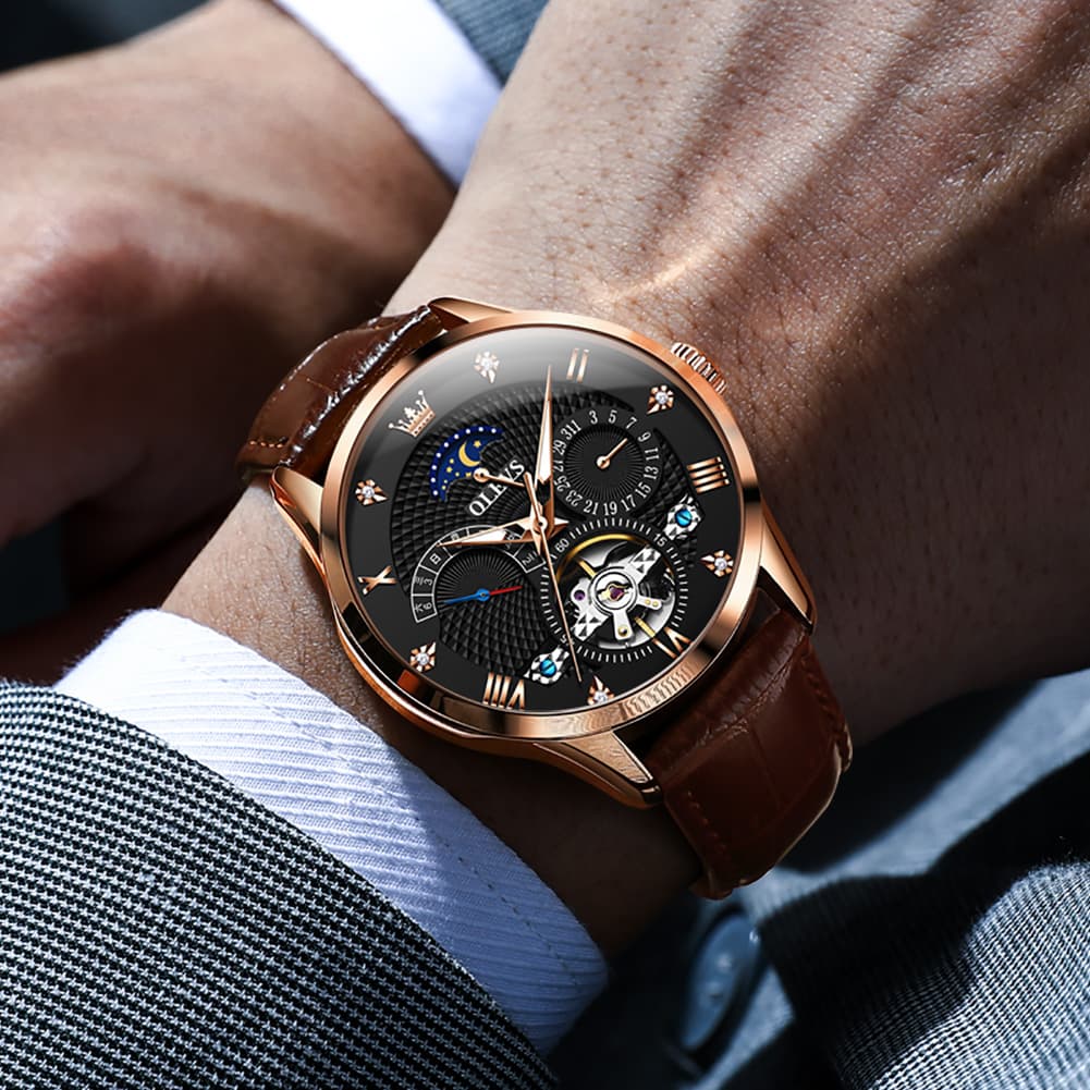 OLEVS 6652 Leather Mechanical Moon Phase Watch for Men - Rose Gold Black Watch | Olevs Watch Store