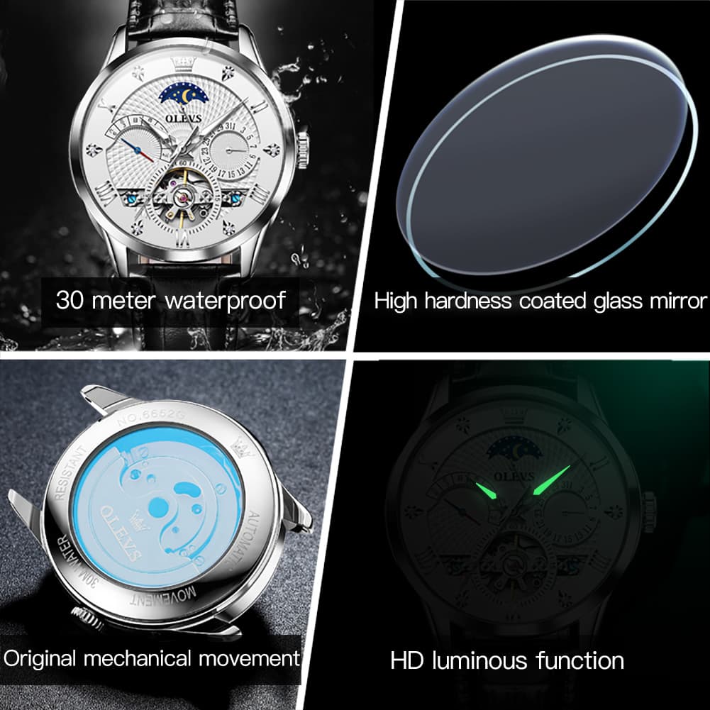 OLEVS 6652 Leather Mechanical Moon Phase Watch for Men - Rose Gold Black Watch | Olevs Watch Store
