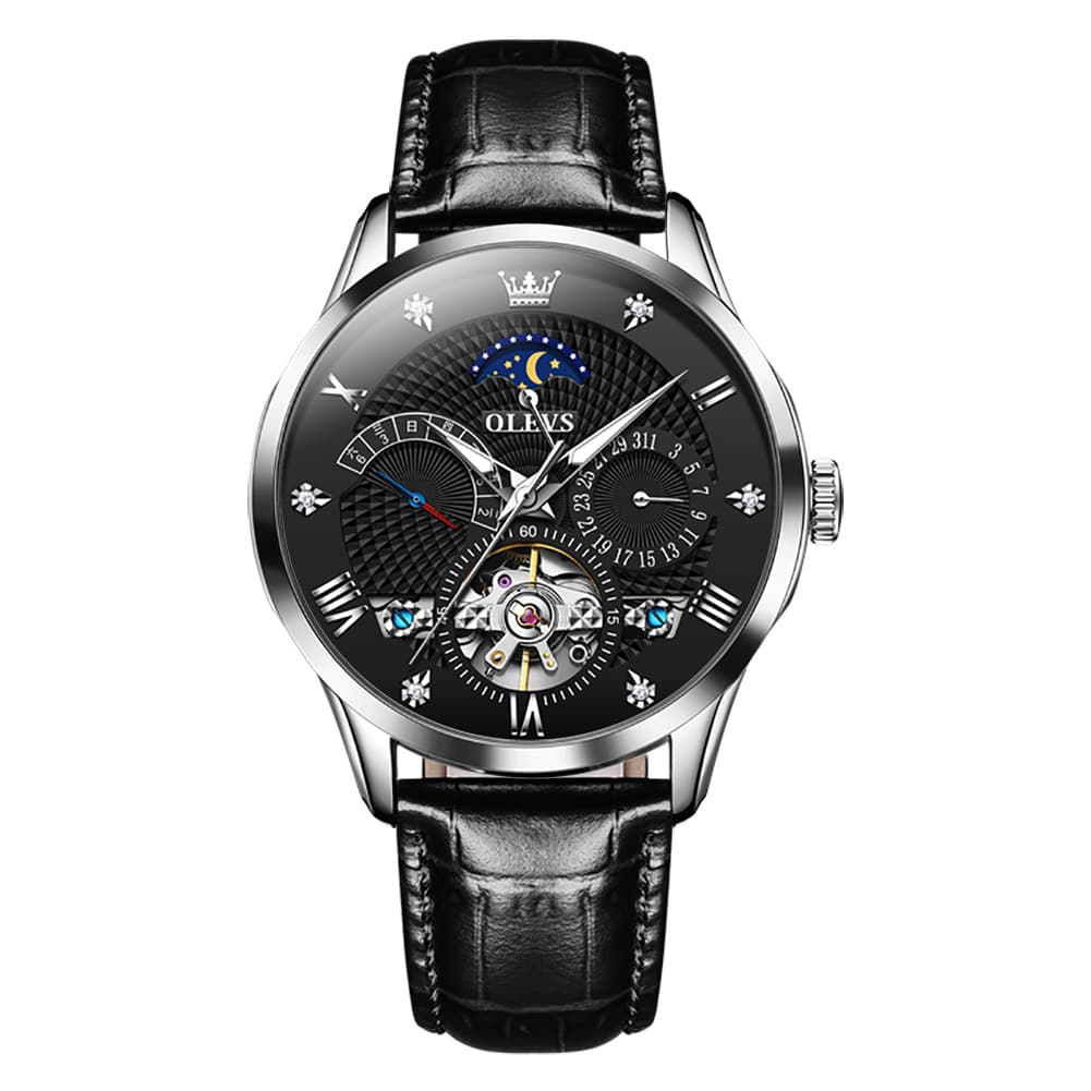 OLEVS 6652 Leather Mechanical Moon Phase Watch for Men - Silver Black Watch | Olevs Watch Store
