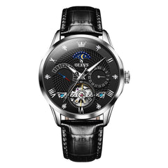 OLEVS 6652 Leather Mechanical Moon Phase Watch for Men - Silver Black Watch | Olevs Watch Store