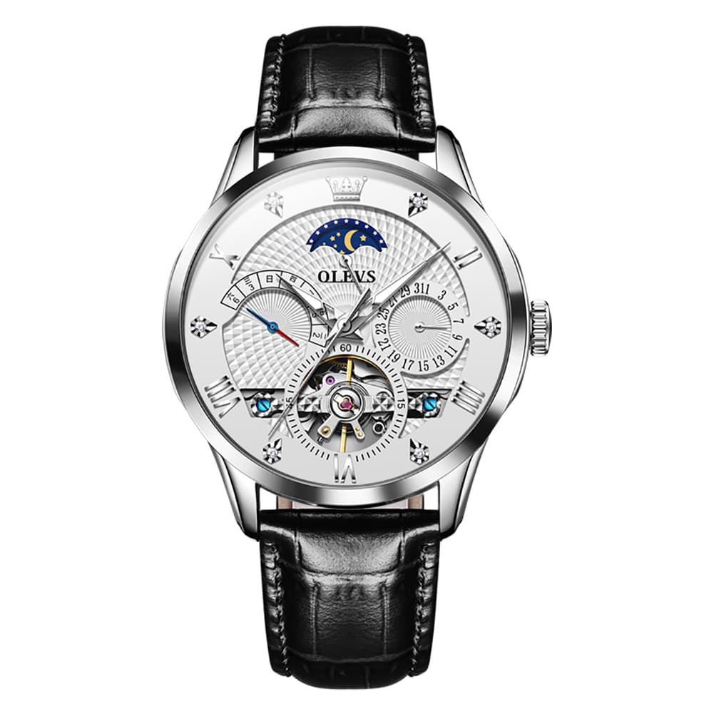 OLEVS 6652 Leather Mechanical Moon Phase Watch for Men - Silver White Watch | Olevs Watch Store