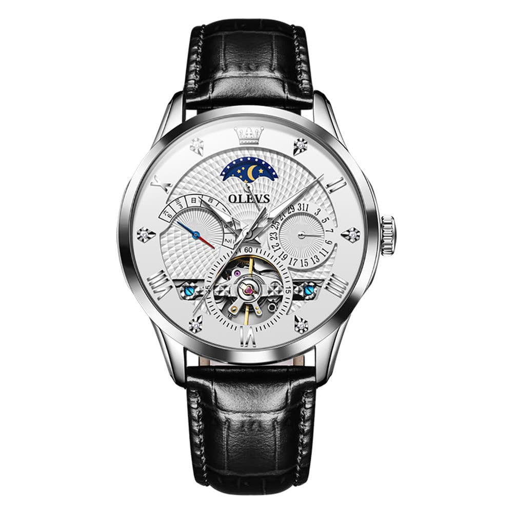 OLEVS 6652 Leather Mechanical Moon Phase Watch for Men - Silver White Watch | Olevs Watch Store