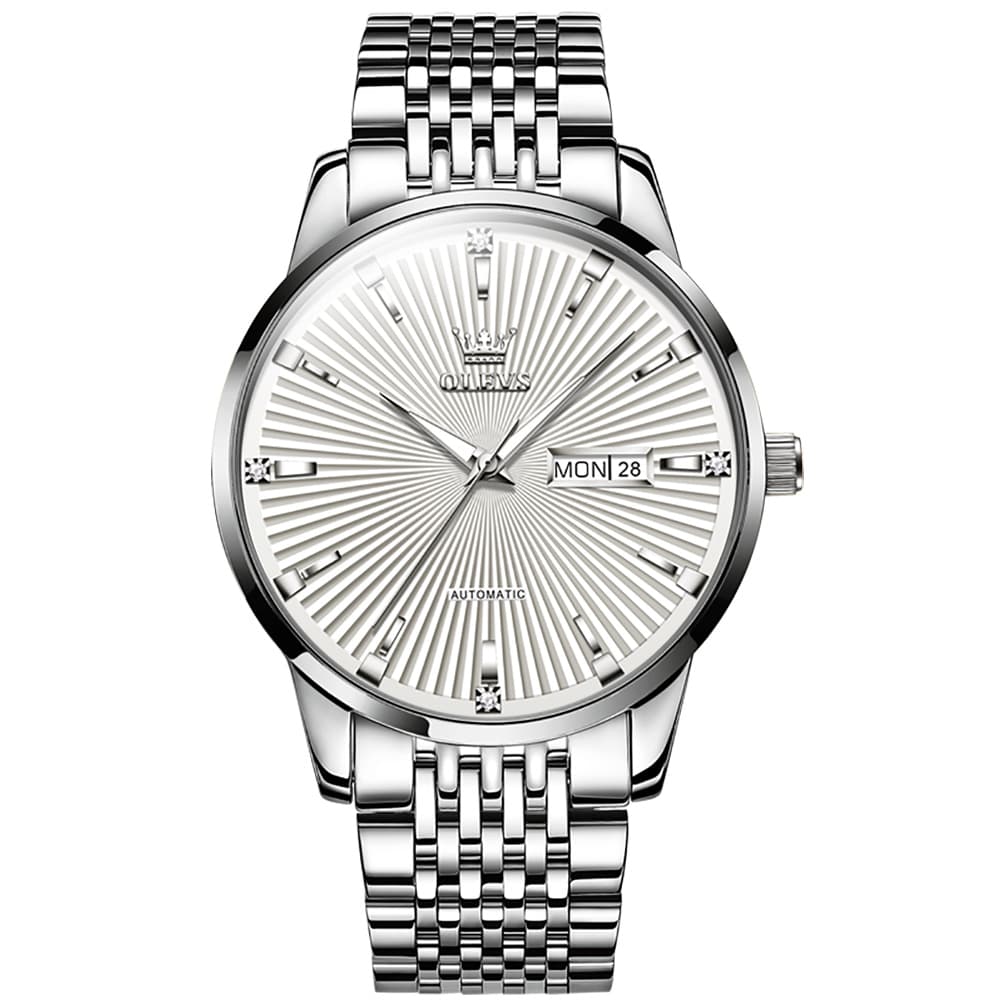 OLEVS 6653 Stainless Steel Automatic Mechanical Watch for Men - Silver White Watch | Olevs Watch Store