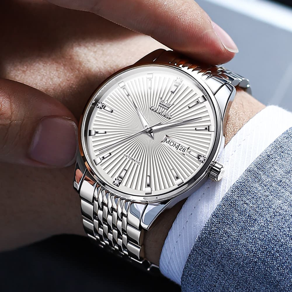 OLEVS 6653 Stainless Steel Automatic Mechanical Watch for Men - Silver White Watch | Olevs Watch Store