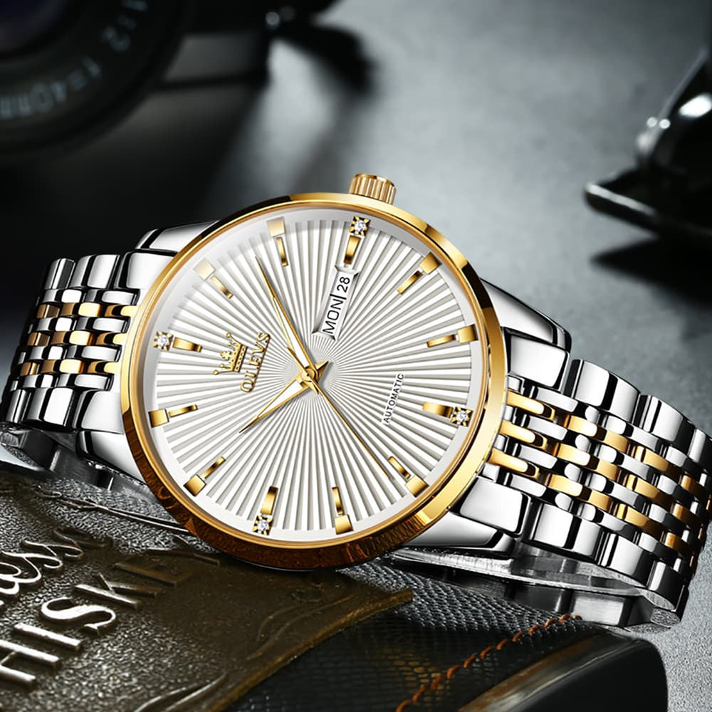 OLEVS 6653 Stainless Steel Automatic Mechanical Watch for Men - Silver White Watch | Olevs Watch Store