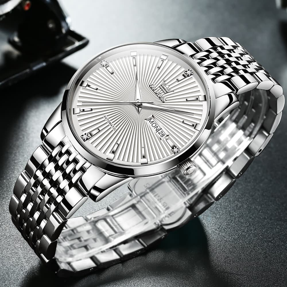 OLEVS 6653 Stainless Steel Automatic Mechanical Watch for Men - Silver White Watch | Olevs Watch Store