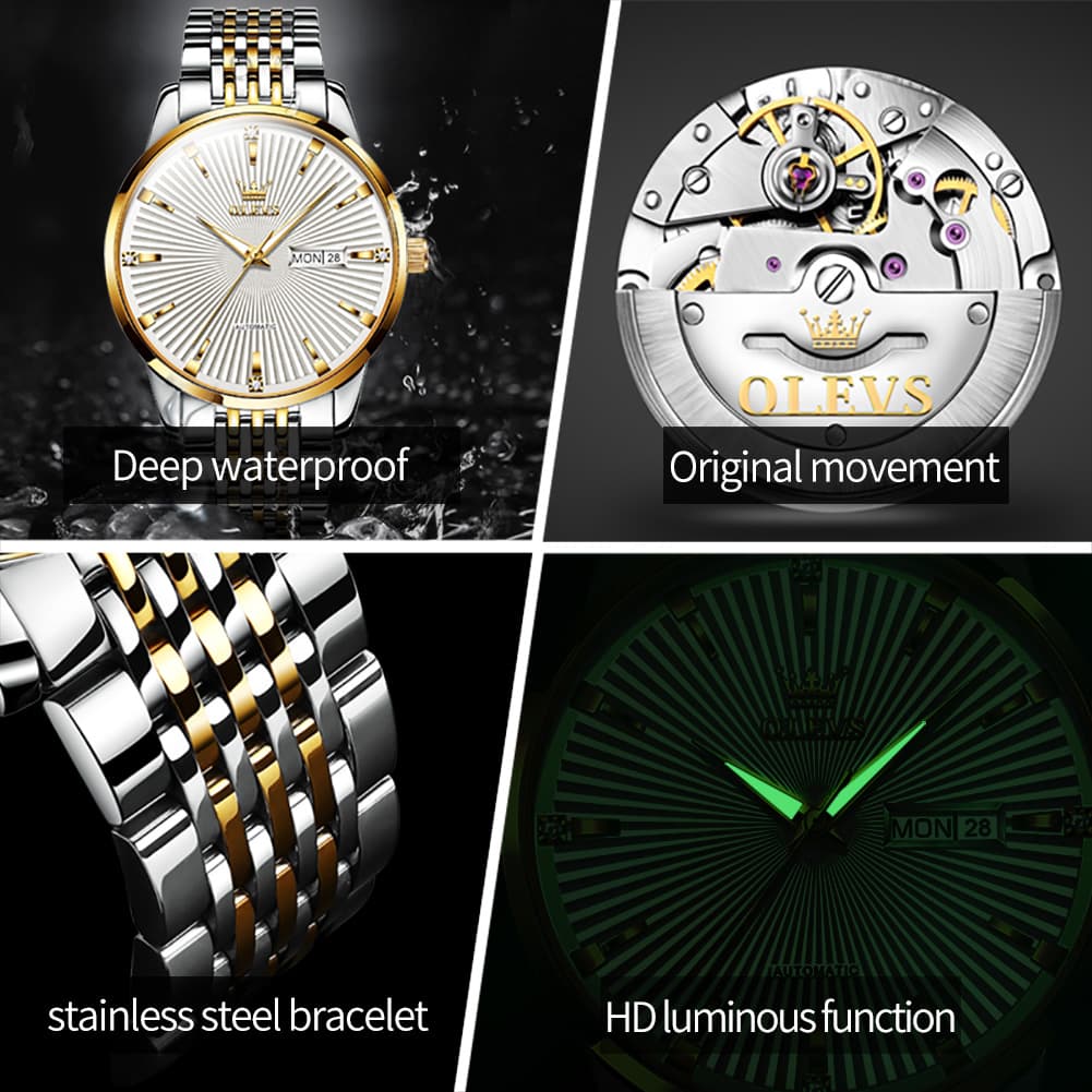 OLEVS 6653 Stainless Steel Automatic Mechanical Watch for Men - Silver White Watch | Olevs Watch Store