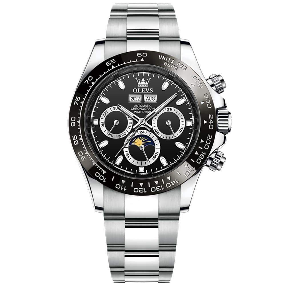 OLEVS 6654 Automatic Mechanical Moon Phase Watch for Men - Silver Black Watch | Olevs Watch Store