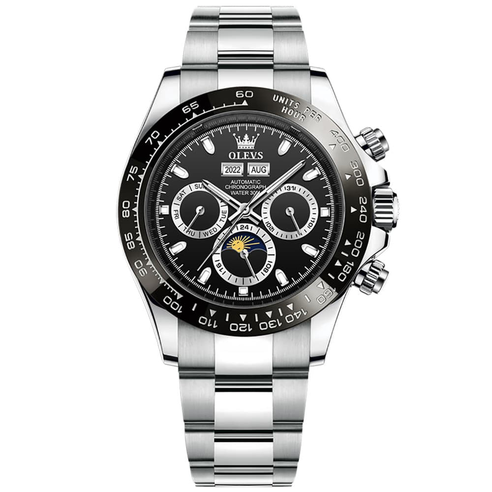 OLEVS 6654 Automatic Mechanical Moon Phase Watch for Men - Silver Black Watch | Olevs Watch Store