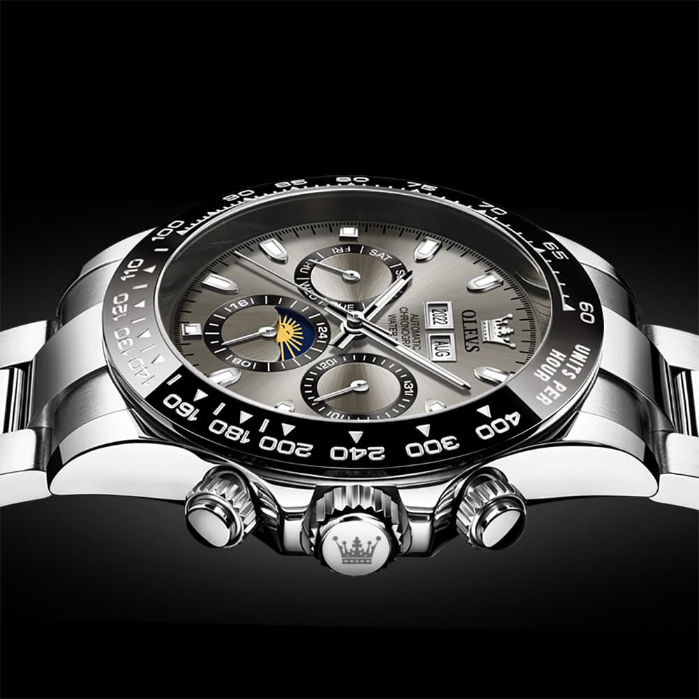 OLEVS 6654 Automatic Mechanical Moon Phase Watch for Men - Silver Grey Watch | Olevs Watch Store