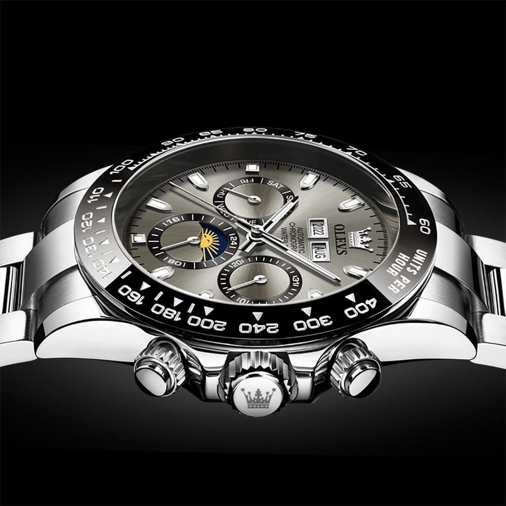 OLEVS 6654 Automatic Mechanical Moon Phase Watch for Men - Silver Grey Watch | Olevs Watch Store