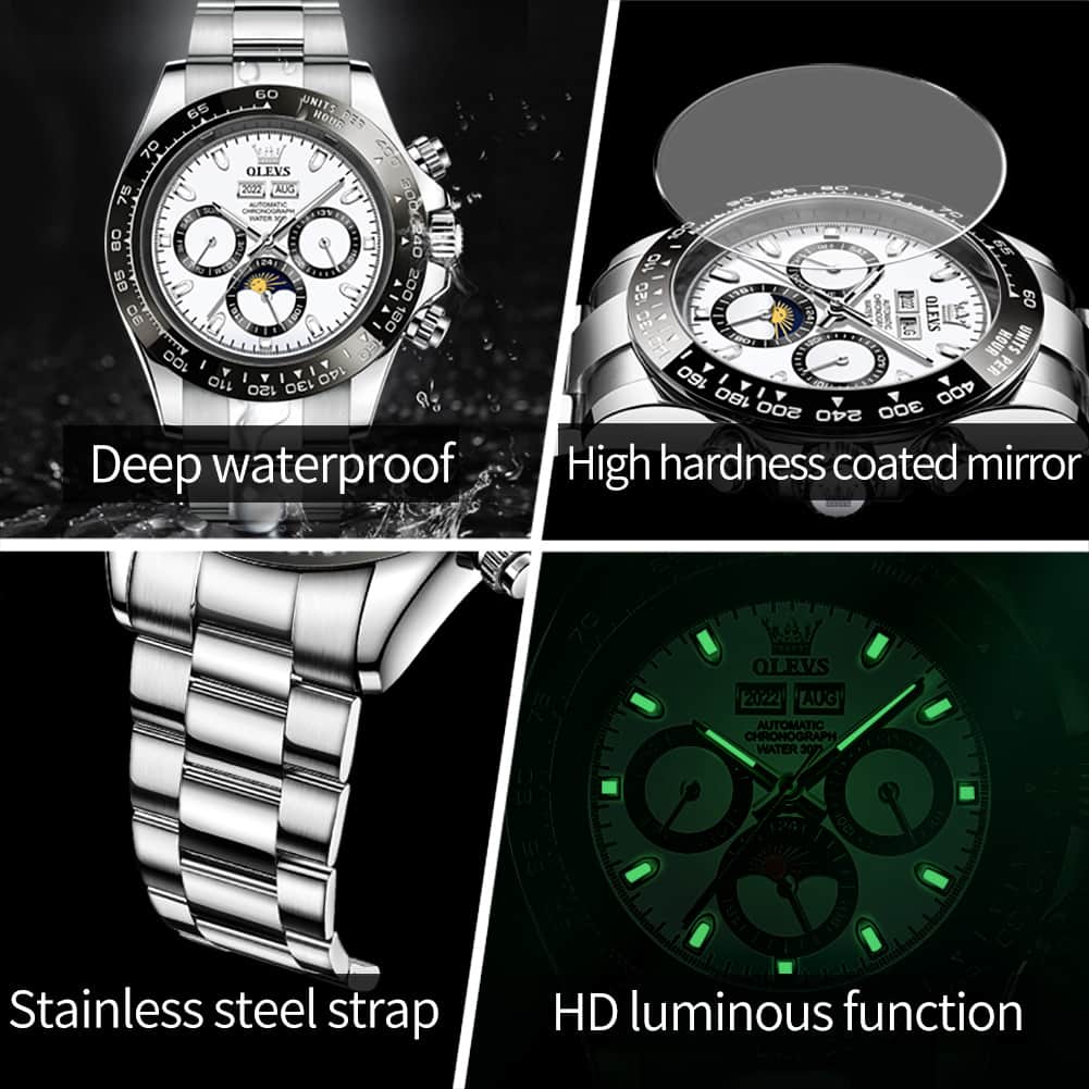 OLEVS 6654 Automatic Mechanical Moon Phase Watch for Men - Silver Grey Watch | Olevs Watch Store