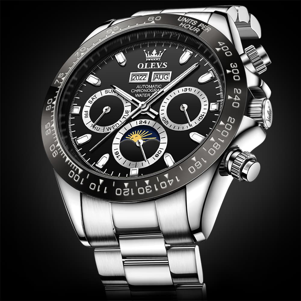 OLEVS 6654 Automatic Mechanical Moon Phase Watch for Men - Silver Grey Watch | Olevs Watch Store