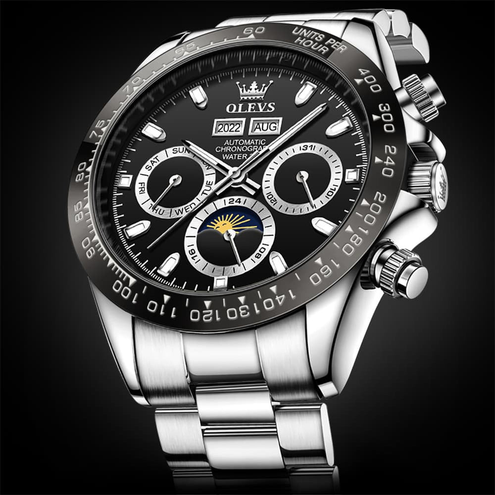 OLEVS 6654 Automatic Mechanical Moon Phase Watch for Men - Silver Grey Watch | Olevs Watch Store