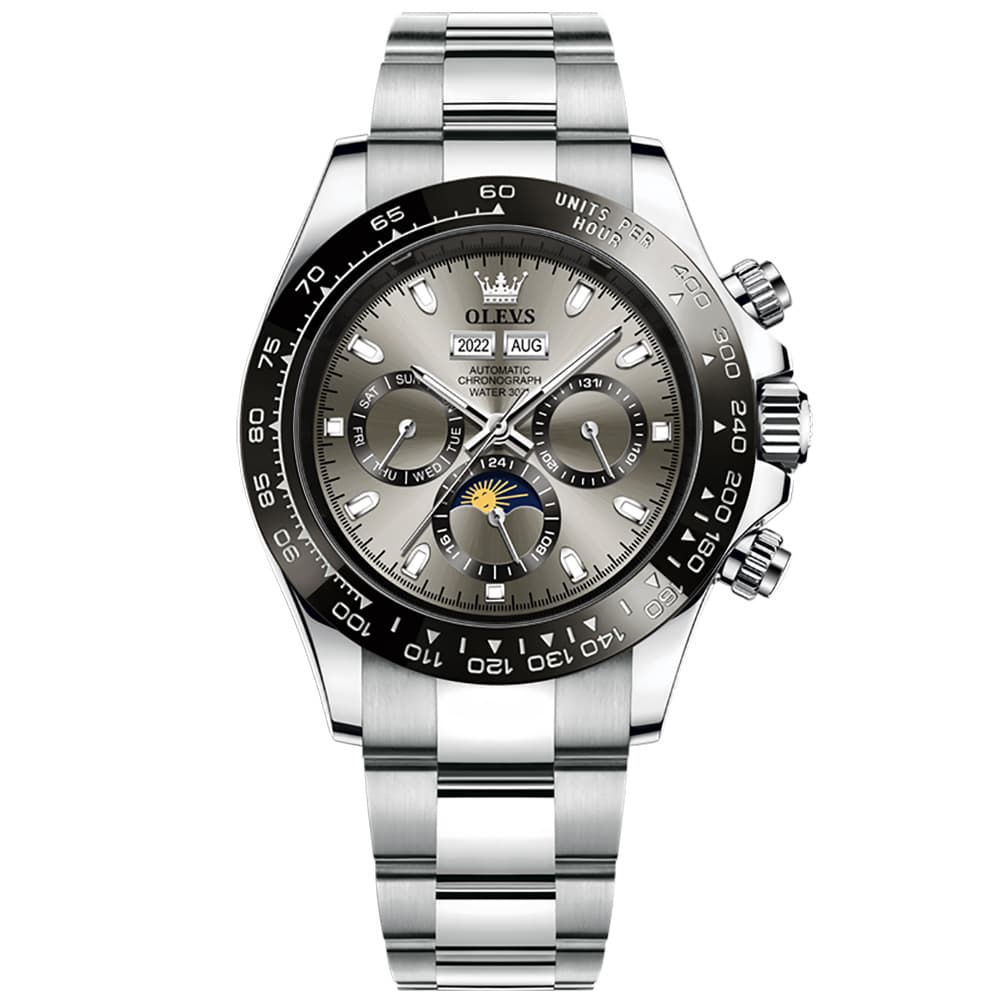OLEVS 6654 Automatic Mechanical Moon Phase Watch for Men - Silver Grey Watch | Olevs Watch Store