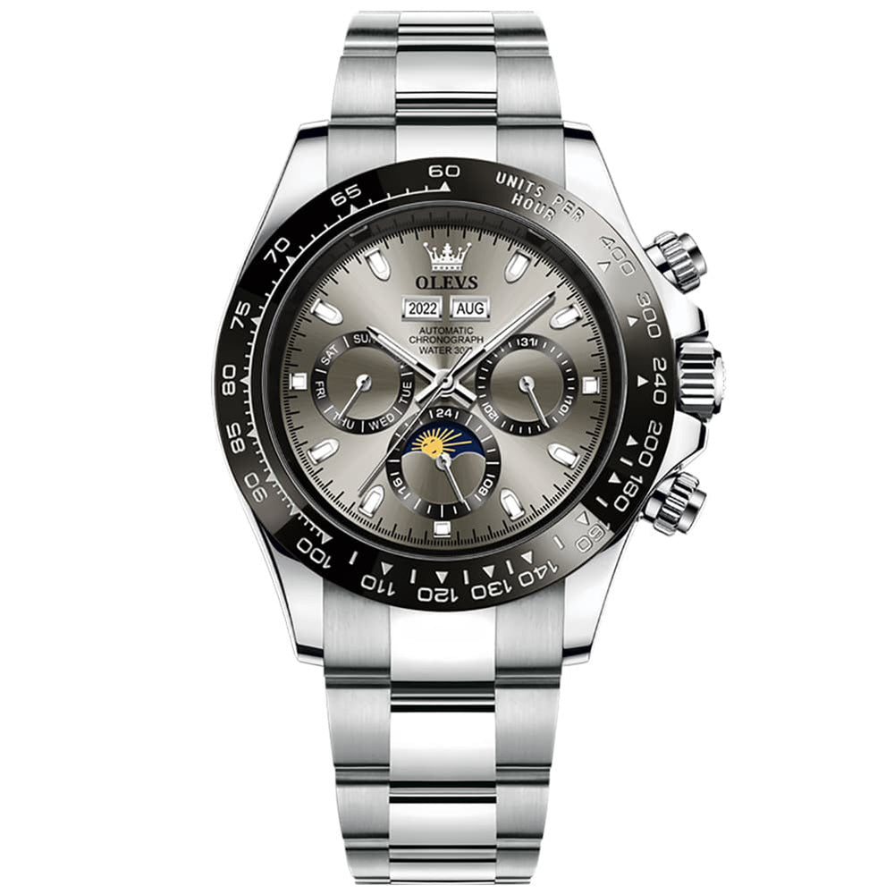 OLEVS 6654 Automatic Mechanical Moon Phase Watch for Men - Silver Grey Watch | Olevs Watch Store