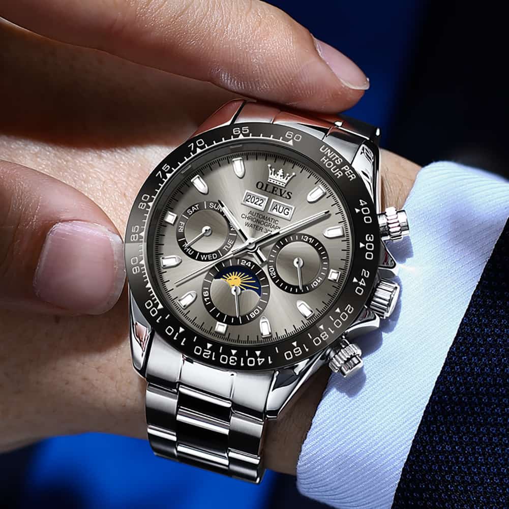 OLEVS 6654 Automatic Mechanical Moon Phase Watch for Men - Silver Grey Watch | Olevs Watch Store