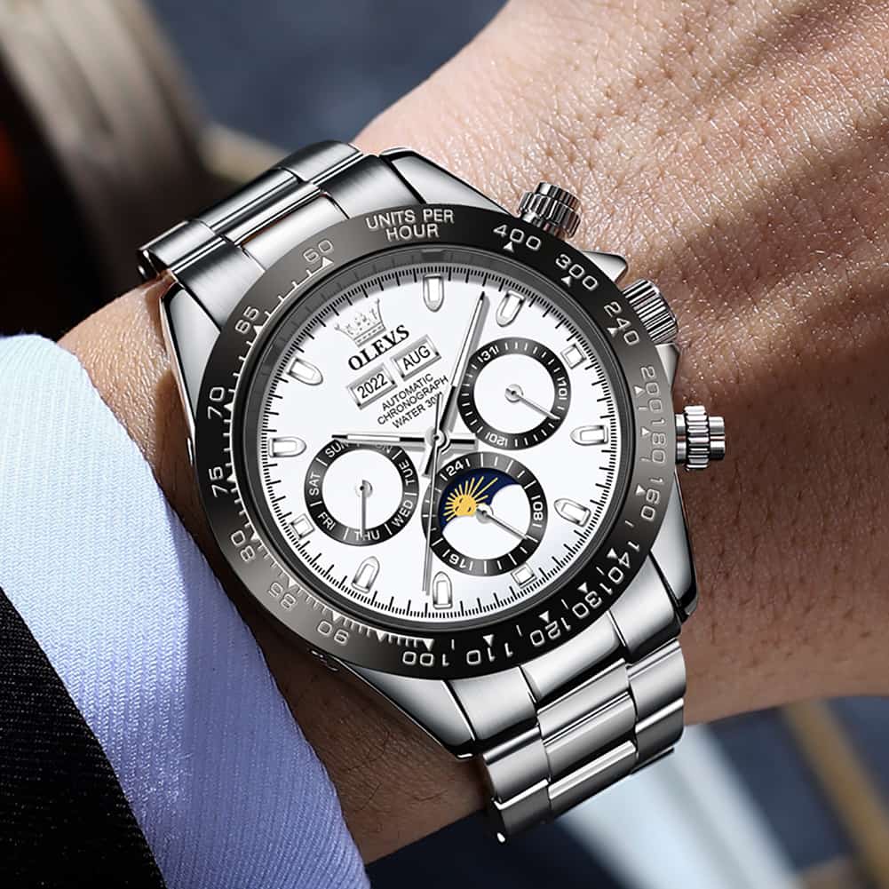 OLEVS 6654 Automatic Mechanical Moon Phase Watch for Men - Silver Grey Watch | Olevs Watch Store